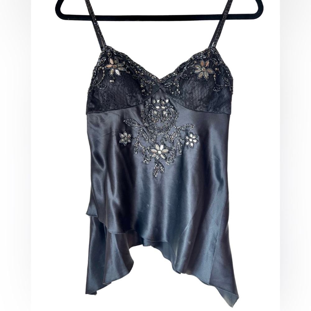 SUE WONG NOCTURNE Vintage Black Fairy Silk Beaded Y2K Top Size 2
